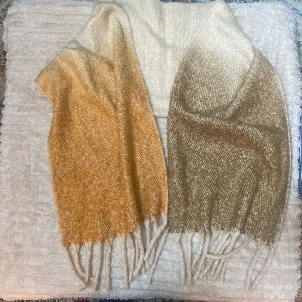 World Market Brushed Ombre Blanket Scarf / Shawl Mustard Taupe Cream Fringe Wrap